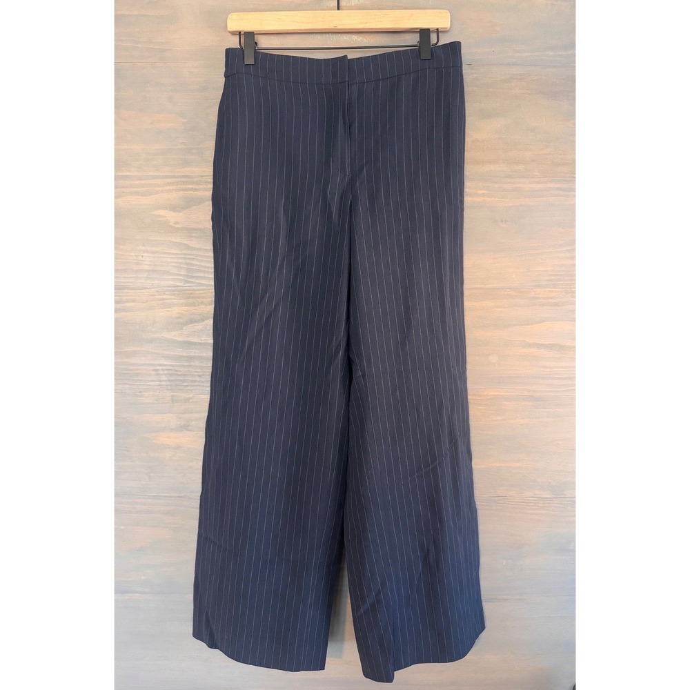 Akris Punto Navy Pinstripe Wide Leg Virgin Wool Trousers Pants US 8